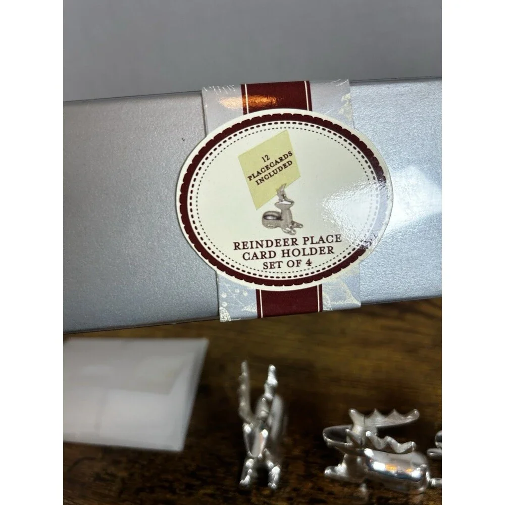 VTG Silver Plated Reindeer Place Card Holders Set of 4 with Blank Placecards